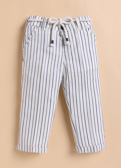Boys Full Sleeves Cotton Striped Coat Pant Tshirt and Belt- Blue