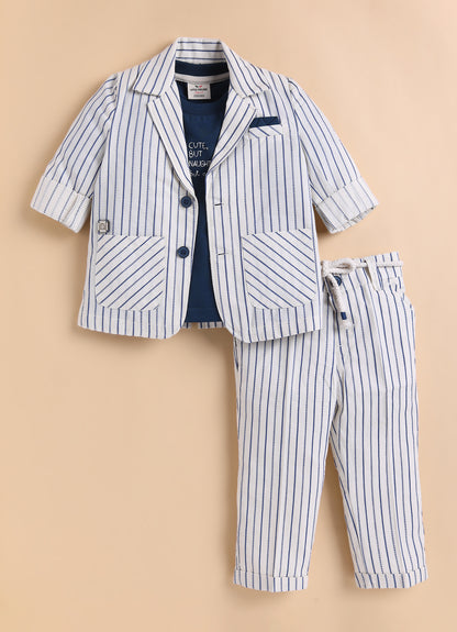 Boys Full Sleeves Cotton Striped Coat Pant Tshirt and Belt- Blue