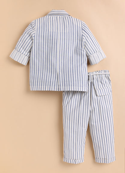 Boys Full Sleeves Cotton Striped Coat Pant Tshirt and Belt- Blue