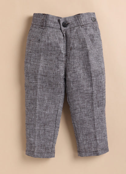 Cotton Woven Full Sleeves Striped Embroidered Waistcoat Jacket Pant with Solid Shirt & Bow Coord Set- Coffee