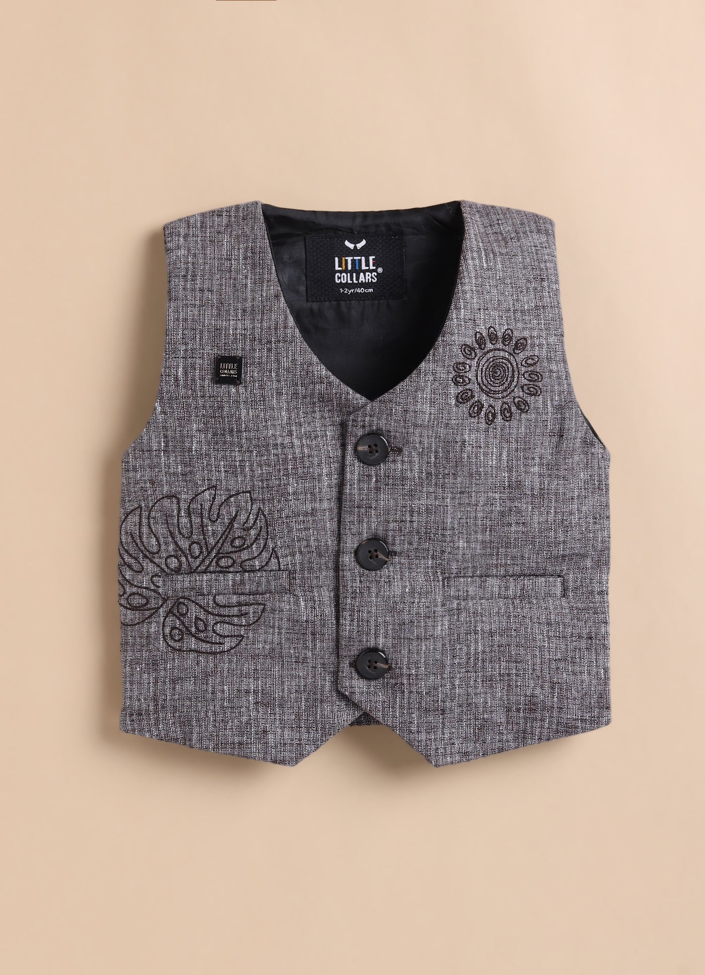 Cotton Woven Full Sleeves Striped Embroidered Waistcoat Jacket Pant with Solid Shirt & Bow Coord Set- Coffee