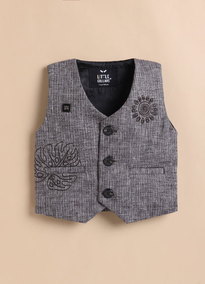 Cotton Woven Full Sleeves Striped Embroidered Waistcoat Jacket Pant with Solid Shirt & Bow Coord Set- Coffee