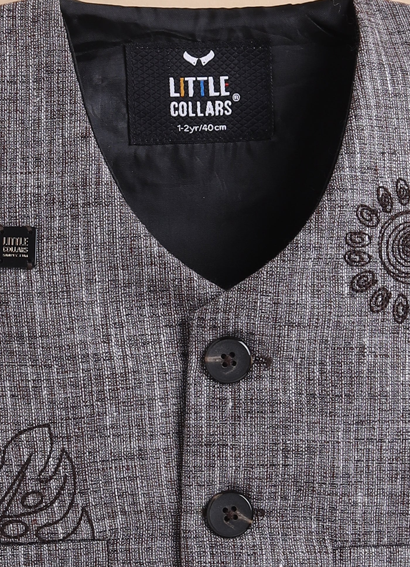 Cotton Woven Full Sleeves Striped Embroidered Waistcoat Jacket Pant with Solid Shirt & Bow Coord Set- Coffee