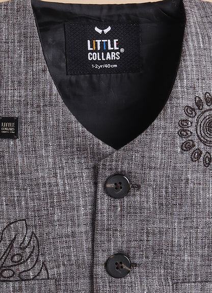 Cotton Woven Full Sleeves Striped Embroidered Waistcoat Jacket Pant with Solid Shirt & Bow Coord Set- Coffee