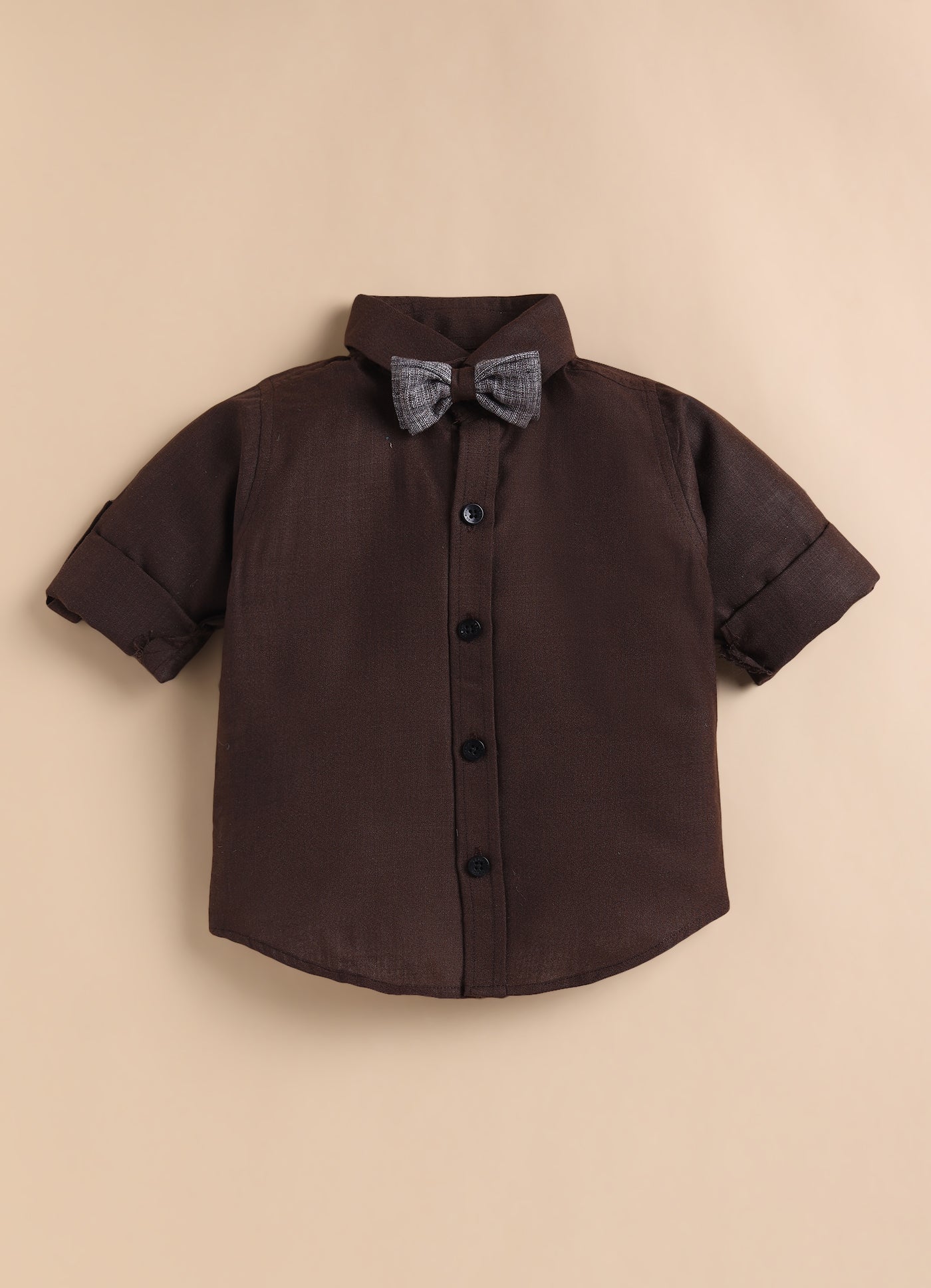 Cotton Woven Full Sleeves Striped Embroidered Waistcoat Jacket Pant with Solid Shirt & Bow Coord Set- Coffee