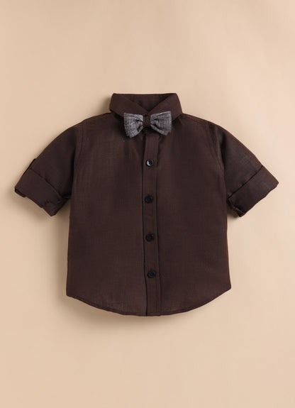 Cotton Woven Full Sleeves Striped Embroidered Waistcoat Jacket Pant with Solid Shirt & Bow Coord Set- Coffee