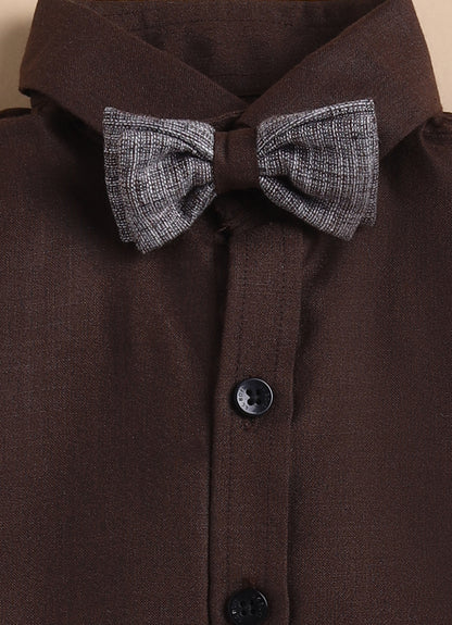 Cotton Woven Full Sleeves Striped Embroidered Waistcoat Jacket Pant with Solid Shirt & Bow Coord Set- Coffee