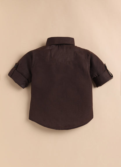 Cotton Woven Full Sleeves Striped Embroidered Waistcoat Jacket Pant with Solid Shirt & Bow Coord Set- Coffee