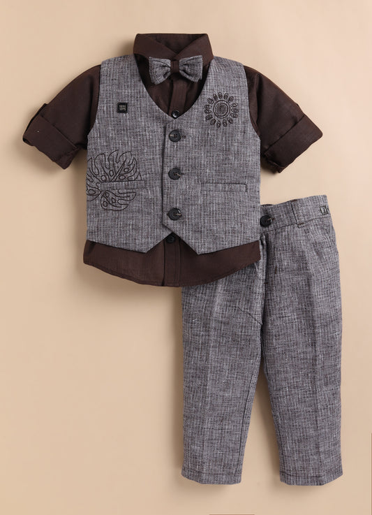 Cotton Woven Full Sleeves Striped Embroidered Waistcoat Jacket Pant with Solid Shirt & Bow Coord Set- Coffee