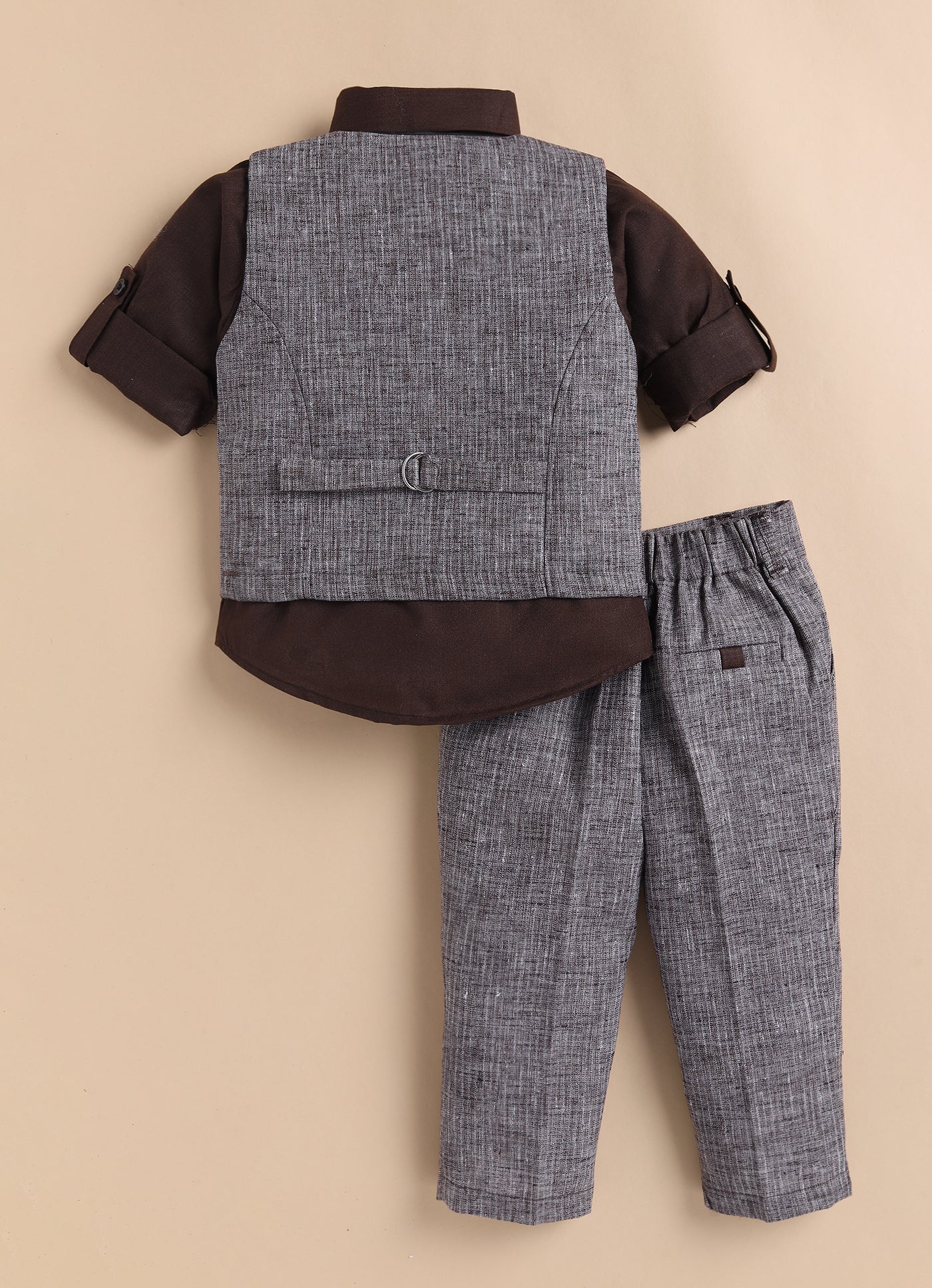 Cotton Woven Full Sleeves Striped Embroidered Waistcoat Jacket Pant with Solid Shirt & Bow Coord Set- Coffee