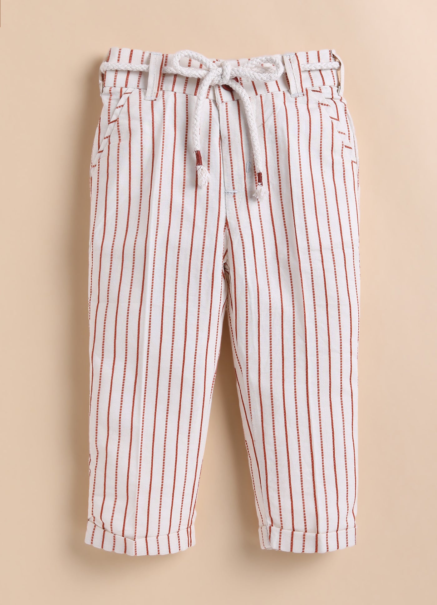 Boys Full Sleeves Cotton Striped Coat Pant Tshirt and Belt- Rust