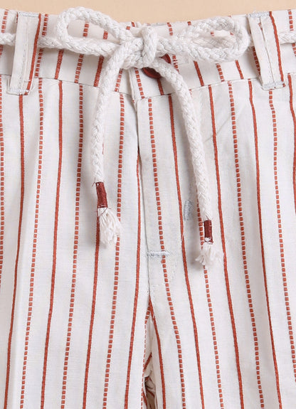 Boys Full Sleeves Cotton Striped Coat Pant Tshirt and Belt- Rust