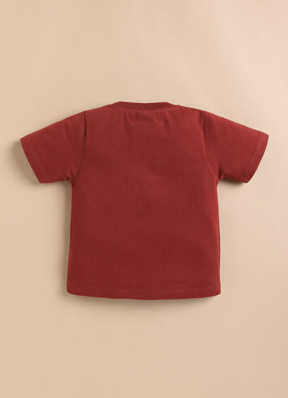 Boys Full Sleeves Cotton Striped Coat Pant Tshirt and Belt- Rust