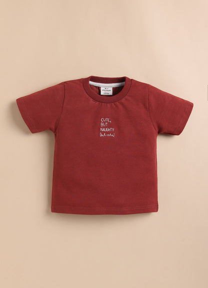Boys Full Sleeves Cotton Striped Coat Pant Tshirt and Belt- Rust
