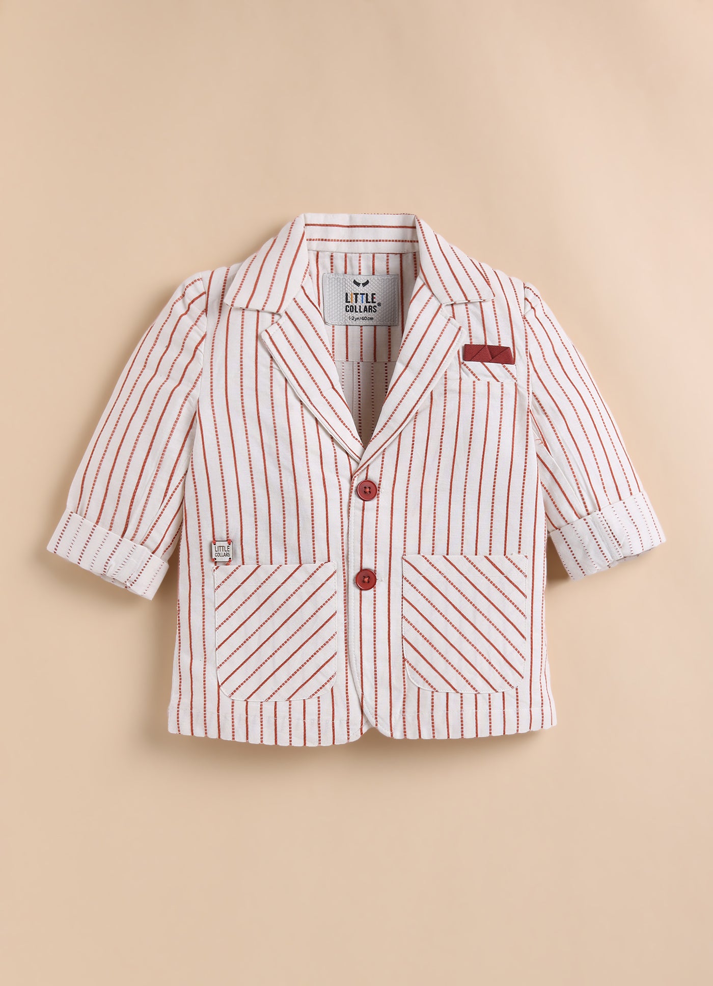 Boys Full Sleeves Cotton Striped Coat Pant Tshirt and Belt- Rust