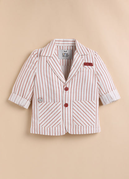 Boys Full Sleeves Cotton Striped Coat Pant Tshirt and Belt- Rust