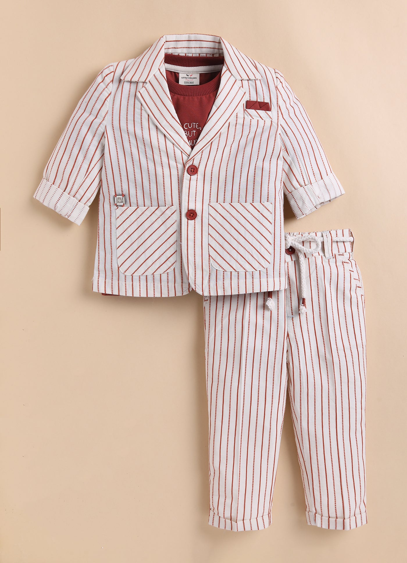 Boys Full Sleeves Cotton Striped Coat Pant Tshirt and Belt- Rust