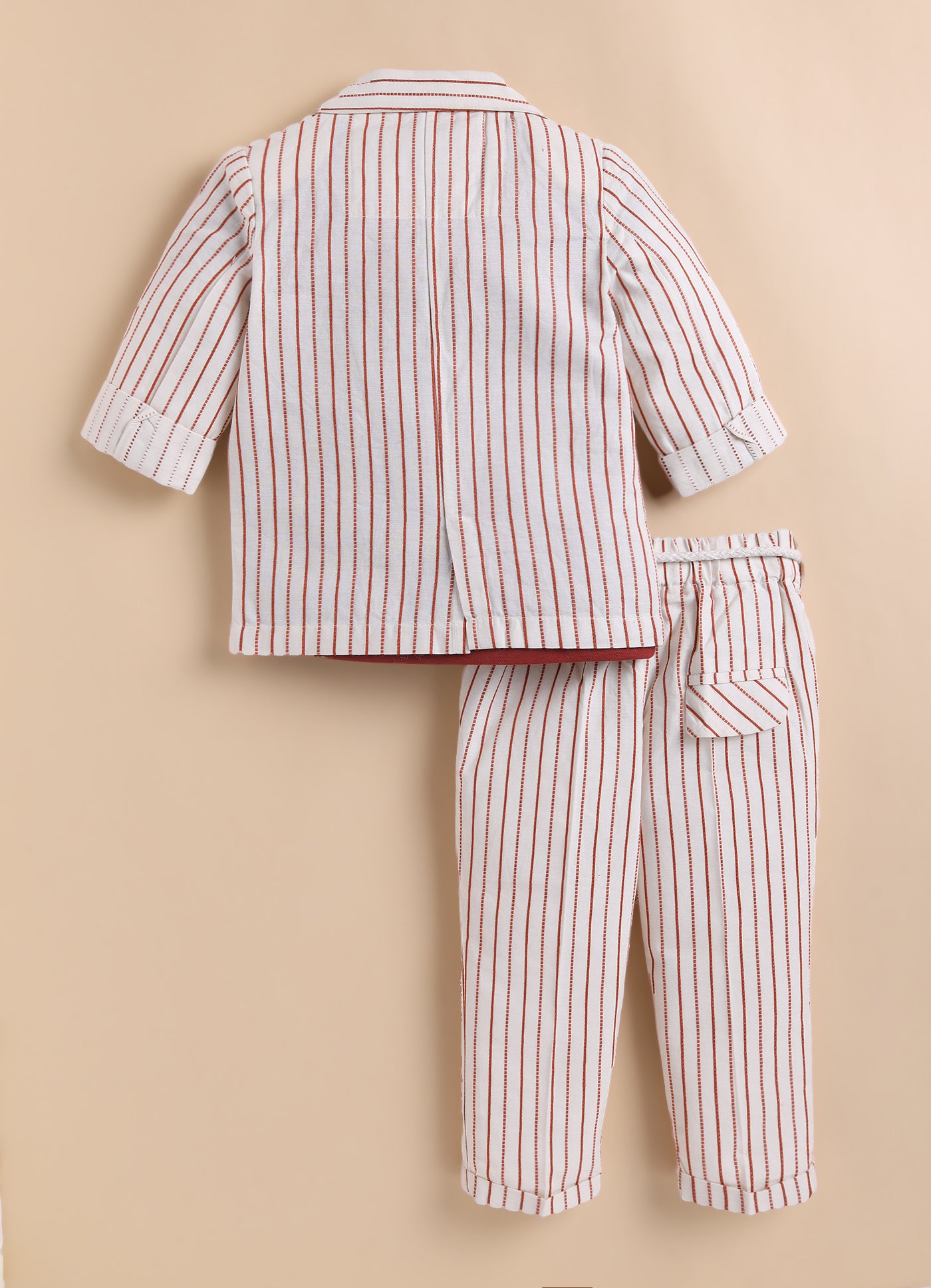 Boys Full Sleeves Cotton Striped Coat Pant Tshirt and Belt- Rust