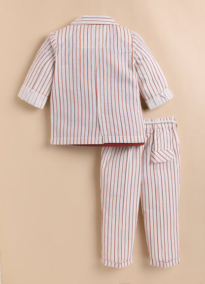 Boys Full Sleeves Cotton Striped Coat Pant Tshirt and Belt- Rust