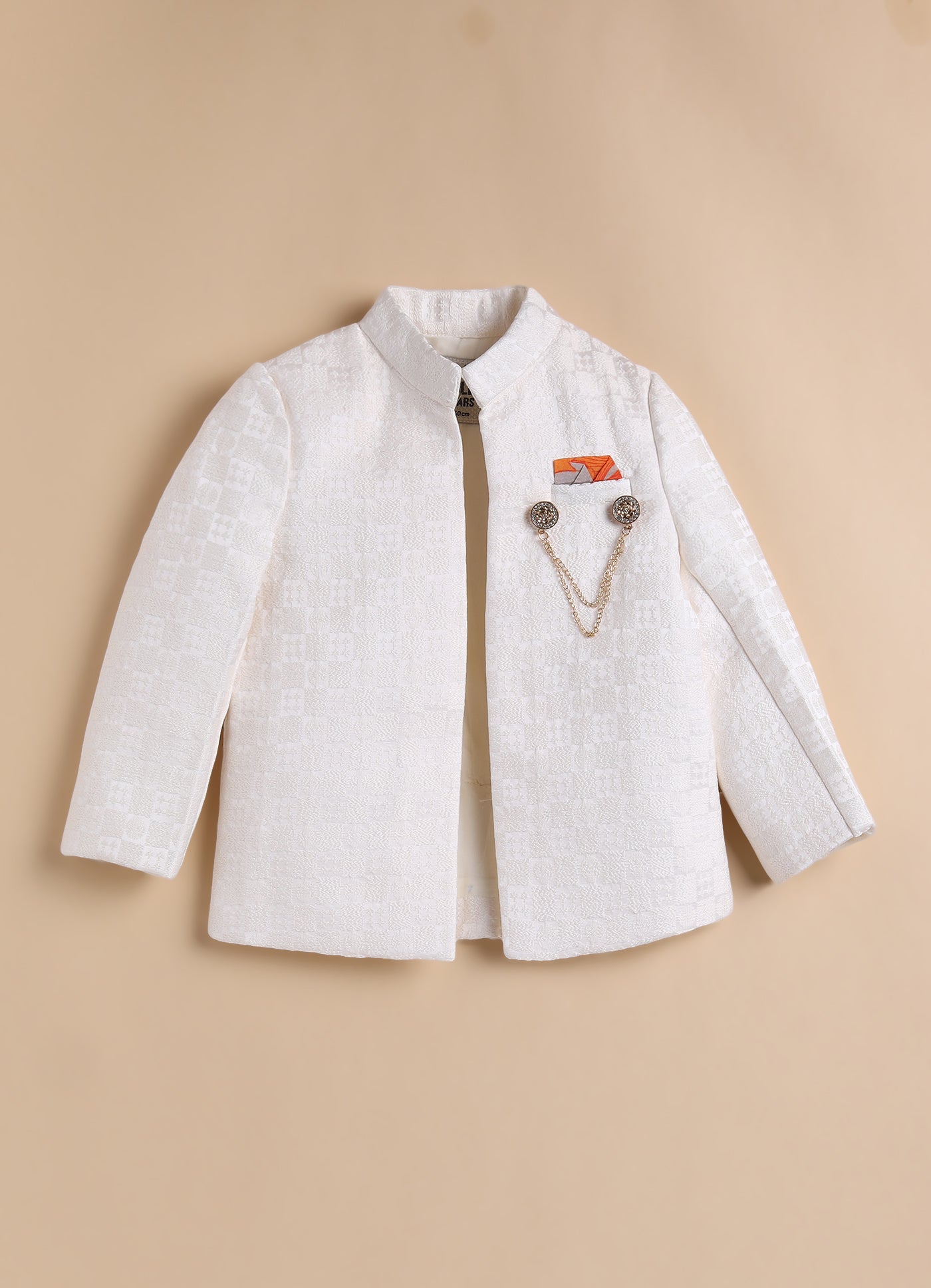 Blended Silk Full Sleeves Self Texture Achkan Open Jacket Kurta with Pajama and Brooch Ethnicwear Set- Cream