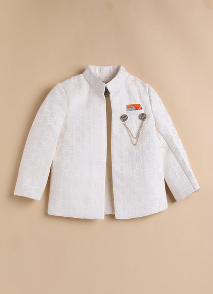 Blended Silk Full Sleeves Self Texture Achkan Open Jacket Kurta with Pajama and Brooch Ethnicwear Set- Cream