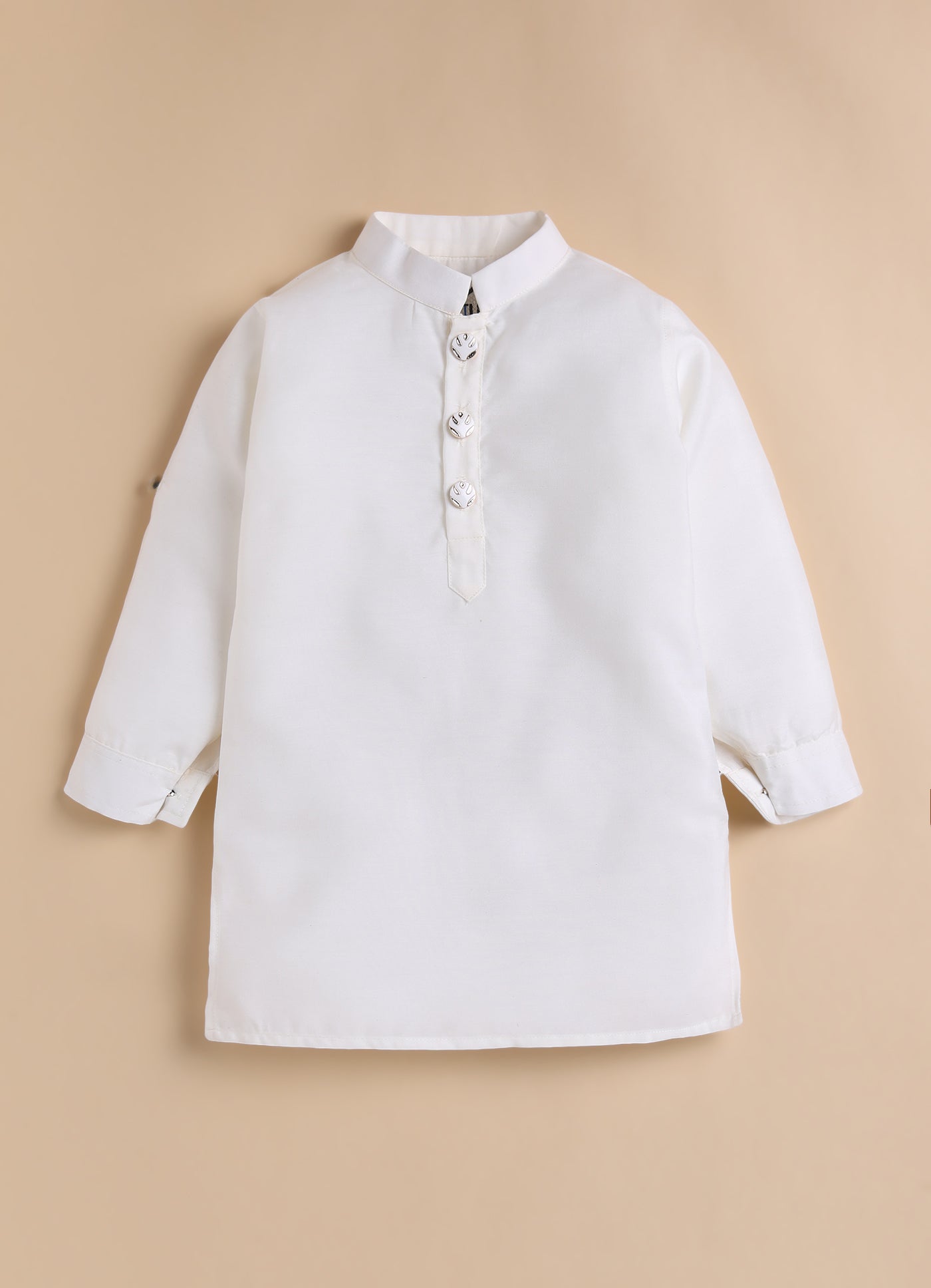 Blended Silk Full Sleeves Self Texture Achkan Open Jacket Kurta with Pajama and Brooch Ethnicwear Set- Cream