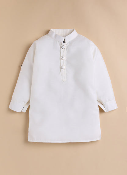 Blended Silk Full Sleeves Self Texture Achkan Open Jacket Kurta with Pajama and Brooch Ethnicwear Set- Cream