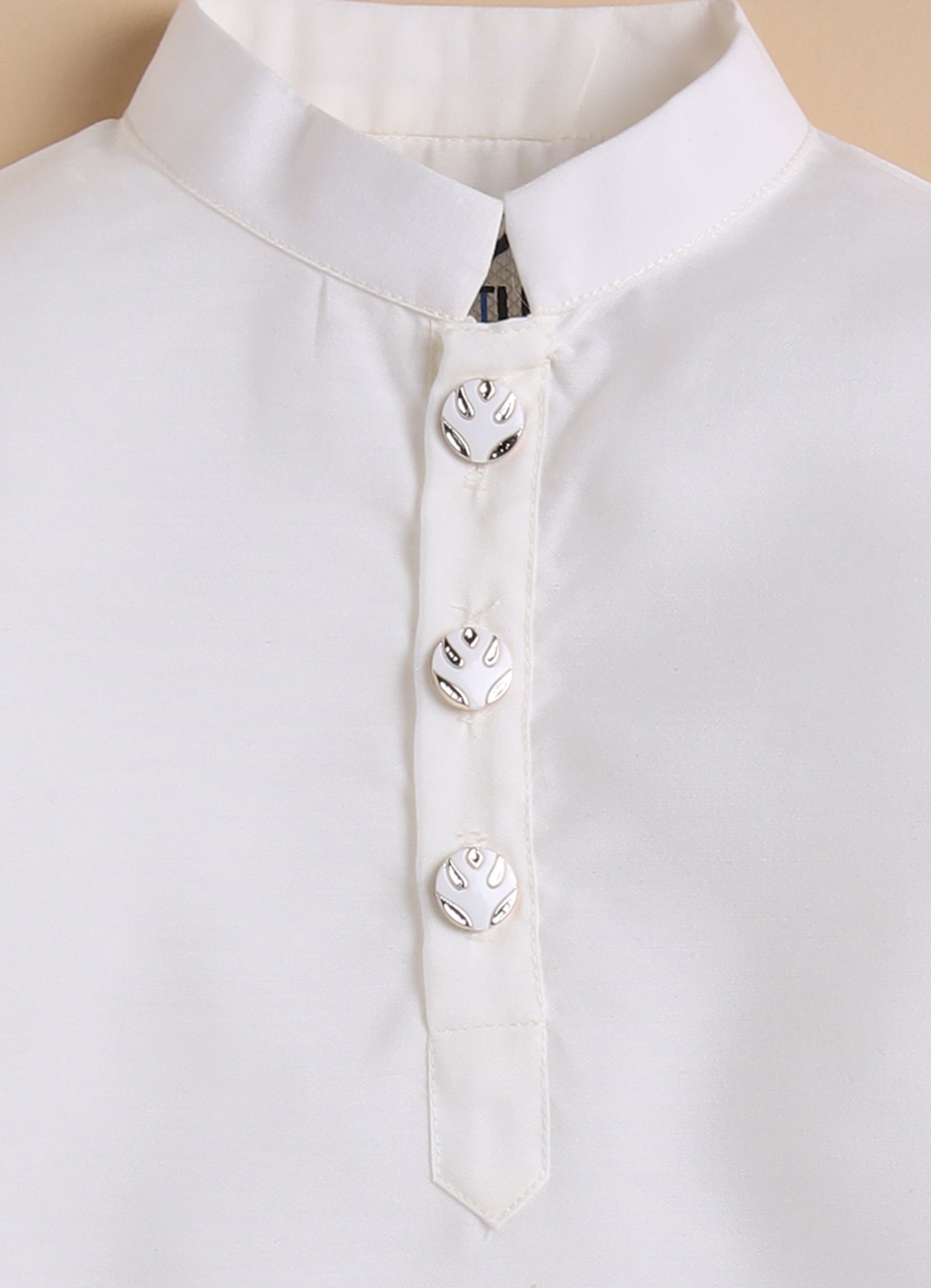 Blended Silk Full Sleeves Self Texture Achkan Open Jacket Kurta with Pajama and Brooch Ethnicwear Set- Cream