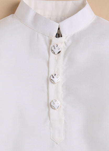 Blended Silk Full Sleeves Self Texture Achkan Open Jacket Kurta with Pajama and Brooch Ethnicwear Set- Cream