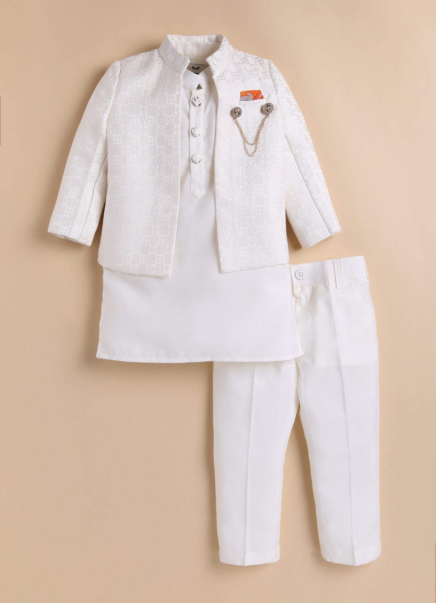 Blended Silk Full Sleeves Self Texture Achkan Open Jacket Kurta with Pajama and Brooch Ethnicwear Set- Cream