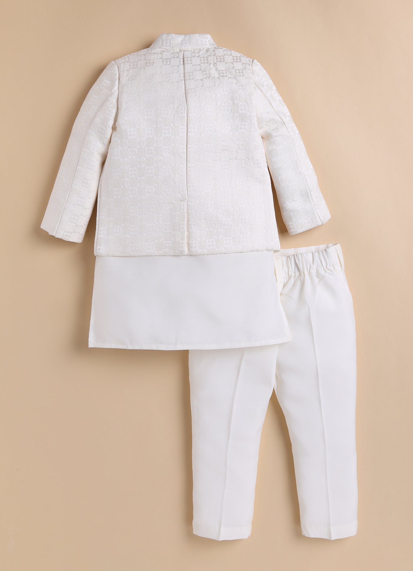 Blended Silk Full Sleeves Self Texture Achkan Open Jacket Kurta with Pajama and Brooch Ethnicwear Set- Cream