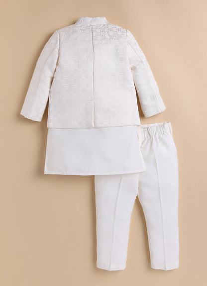 Blended Silk Full Sleeves Self Texture Achkan Open Jacket Kurta with Pajama and Brooch Ethnicwear Set- Cream