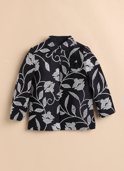 Blended Silk Full Sleeves Embellished Open Jacket, Kurta with Pajama Ethnicwear Set- Black