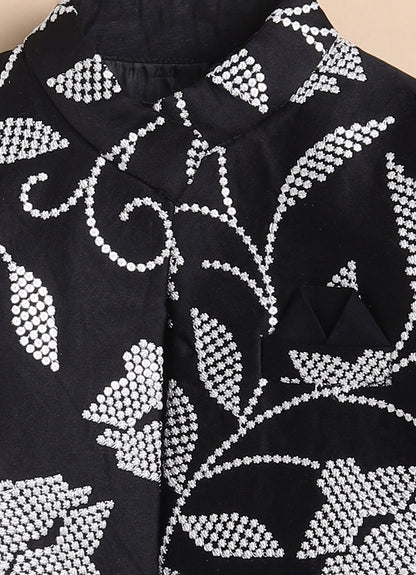 Blended Silk Full Sleeves Embellished Open Jacket, Kurta with Pajama Ethnicwear Set- Black