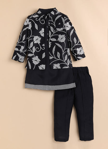 Blended Silk Full Sleeves Embellished Open Jacket, Kurta with Pajama Ethnicwear Set- Black