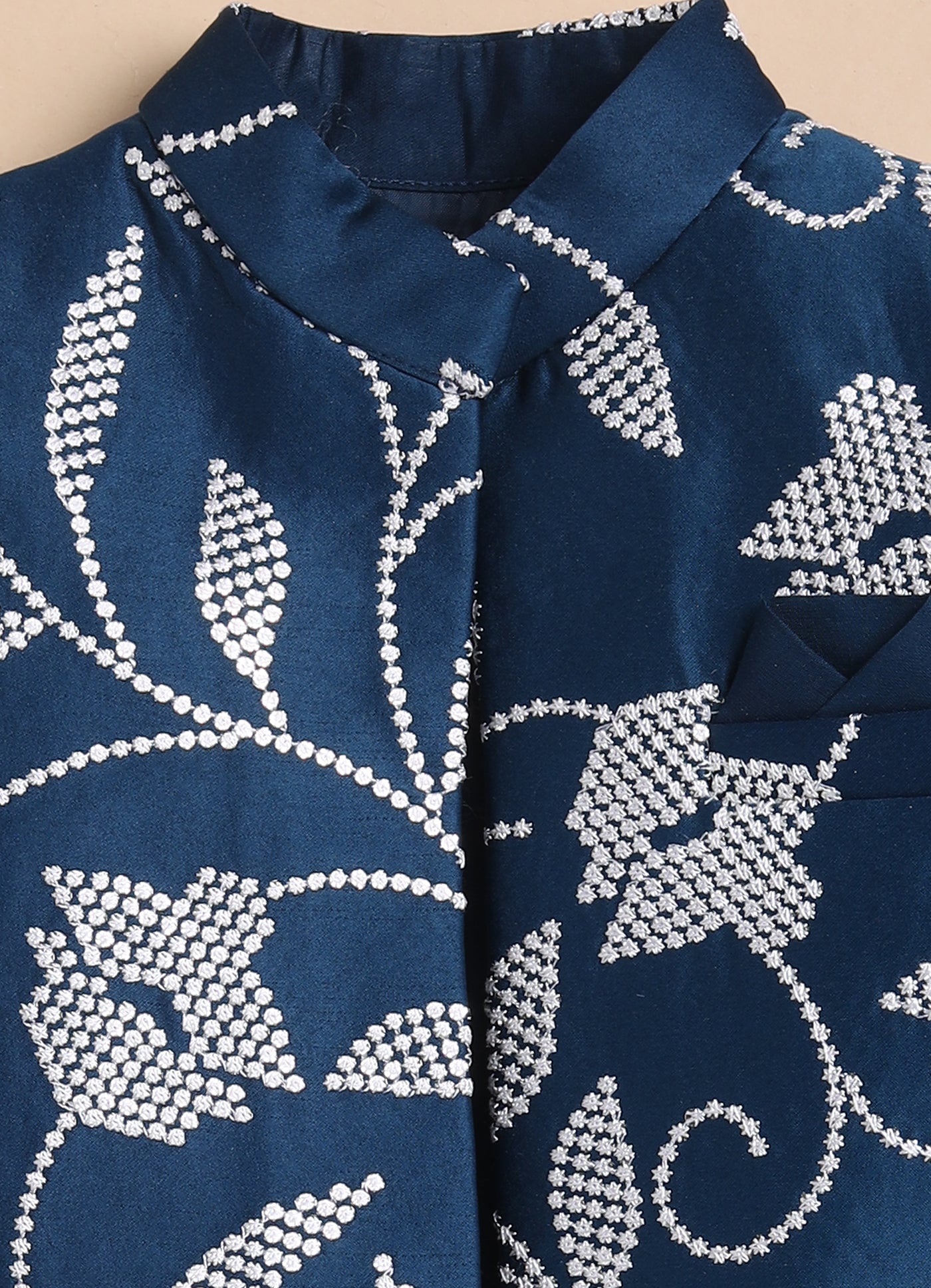 Blended Silk Full Sleeves Embellished Open Jacket, Kurta with Pajama Ethnicwear Set- P.Blue