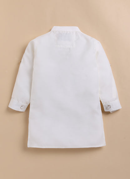 Blended Silk Full Sleeves Self Texture Achkan Open Jacket Kurta with Pajama and Brooch Ethnicwear Set- Cream