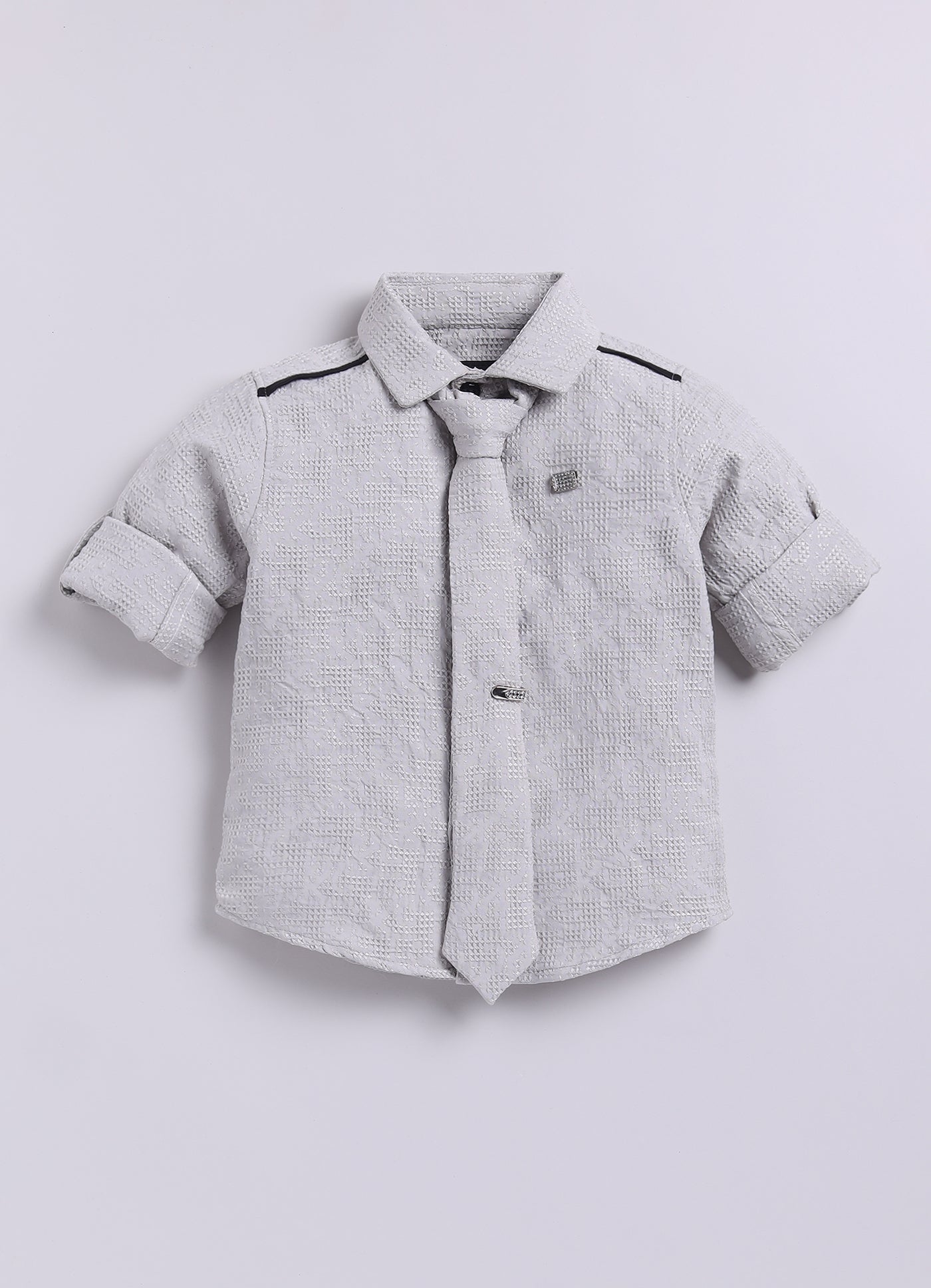 Poly Nylon Woven Full Sleeves Jacqaurd Shirt Pant with Tie and Tie Pin Set- Cement