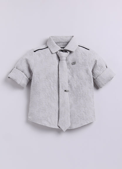 Poly Nylon Woven Full Sleeves Jacqaurd Shirt Pant with Tie and Tie Pin Set- Cement