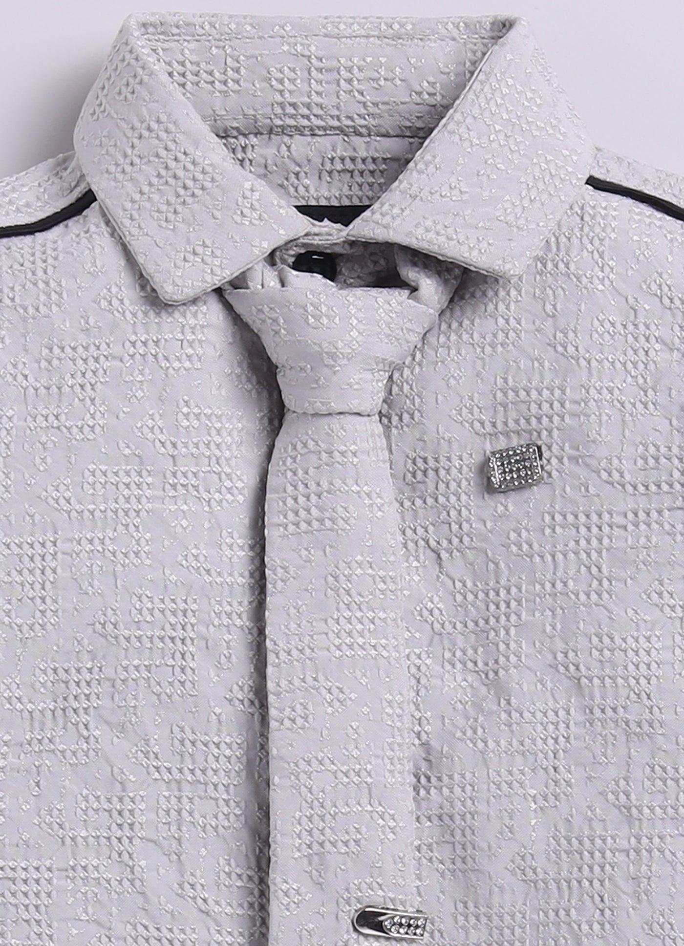 Poly Nylon Woven Full Sleeves Jacqaurd Shirt Pant with Tie and Tie Pin Set- Cement