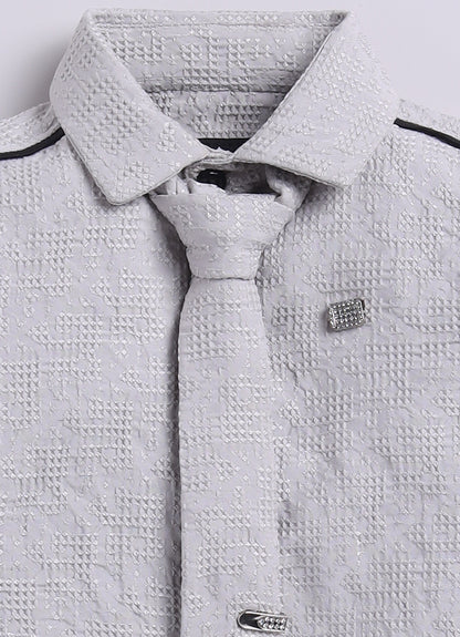 Poly Nylon Woven Full Sleeves Jacqaurd Shirt Pant with Tie and Tie Pin Set- Cement