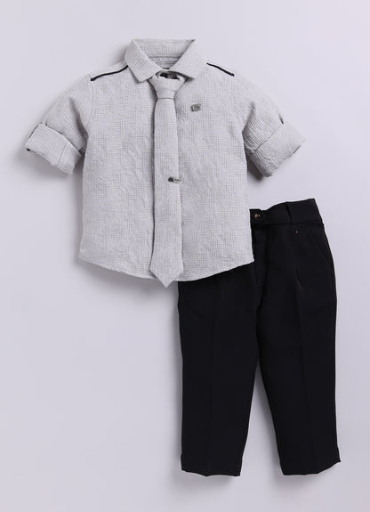 Poly Nylon Woven Full Sleeves Jacqaurd Shirt Pant with Tie and Tie Pin Set- Cement