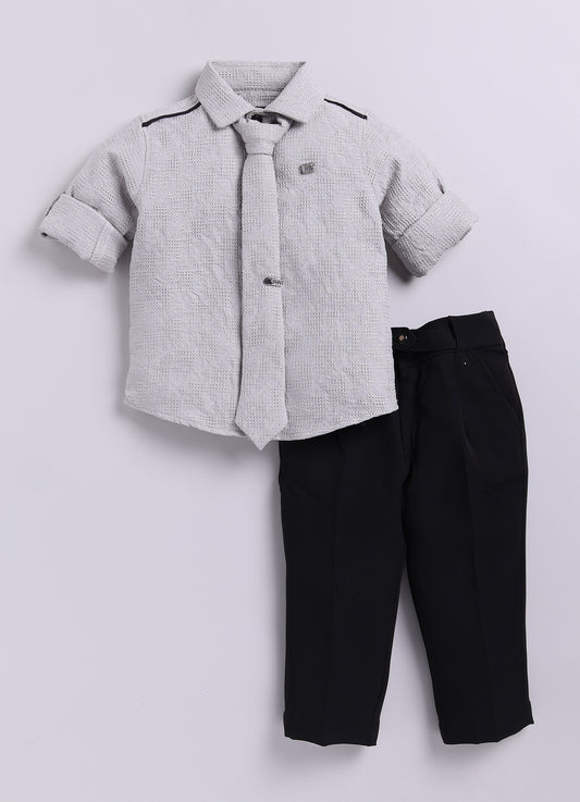 Poly Nylon Woven Full Sleeves Jacqaurd Shirt Pant with Tie and Tie Pin Set- Cement