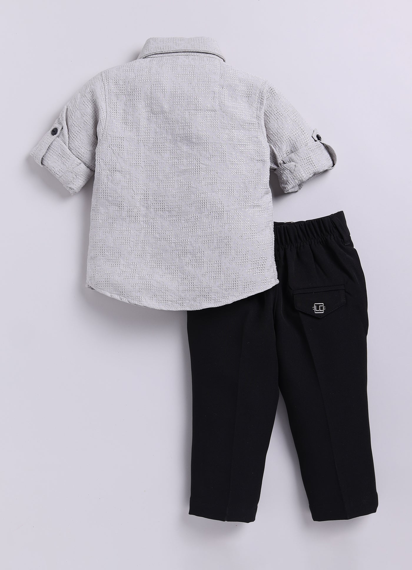Poly Nylon Woven Full Sleeves Jacqaurd Shirt Pant with Tie and Tie Pin Set- Cement