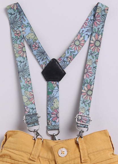 Boys Pure Cotton  Pineapple Printed Shirt  & Shorts Set with Suspender and Bow - Green