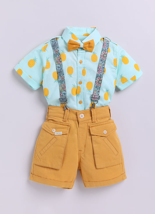 Boys Pure Cotton  Pineapple Printed Shirt  & Shorts Set with Suspender and Bow - Green