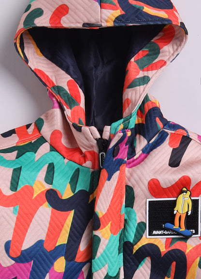 Blended Abstract Printed Knitted Quilted Full Sleeves Zippered Sweat Jacket with Printed Tshirt and Pants Casual Set- Multi