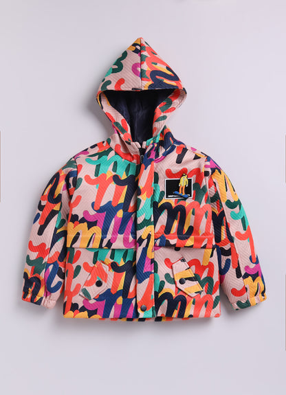 Blended Abstract Printed Knitted Quilted Full Sleeves Zippered Sweat Jacket with Printed Tshirt and Pants Casual Set- Multi