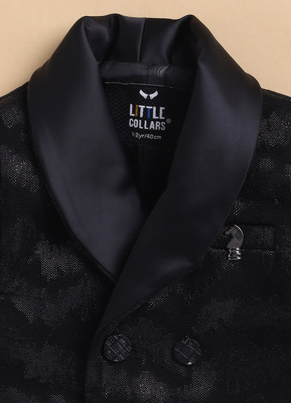 Blended Jaquard Woven Full Sleeves Coat Pant with Tuxedo Shirt and Bow Formal Coat Set- Black