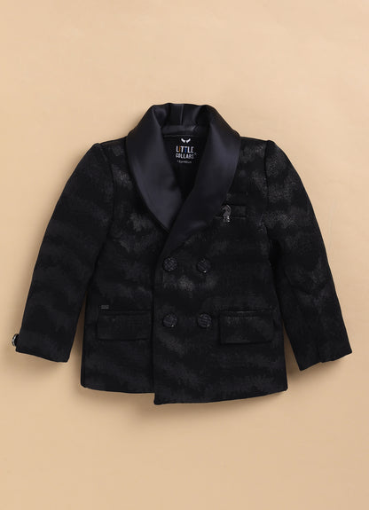 Blended Jaquard Woven Full Sleeves Coat Pant with Tuxedo Shirt and Bow Formal Coat Set- Black